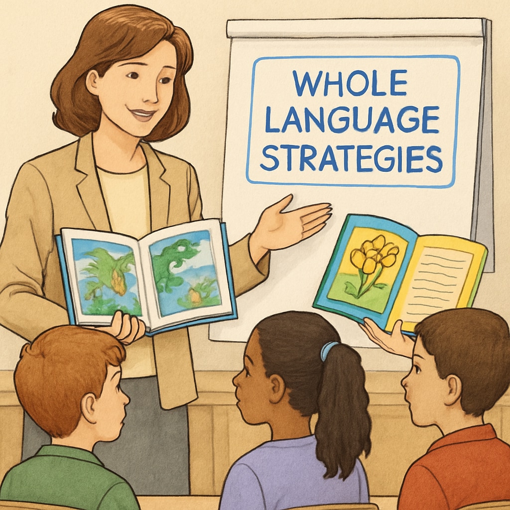 Teacher explaining whole language reading strategies with children in a classroom.