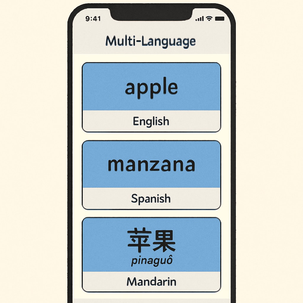A visual representation of Gurwi's multi-language feature, showing the app interface in different languages like English, Spanish, and Mandarin. Gurwi app multi-language support interface for inclusive education.