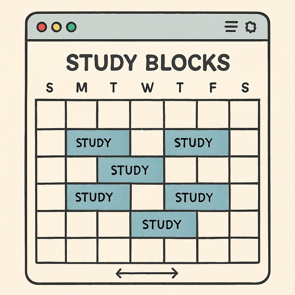 A digital calendar with color-coded study blocks for academic backlogs, time management, and exam preparation.