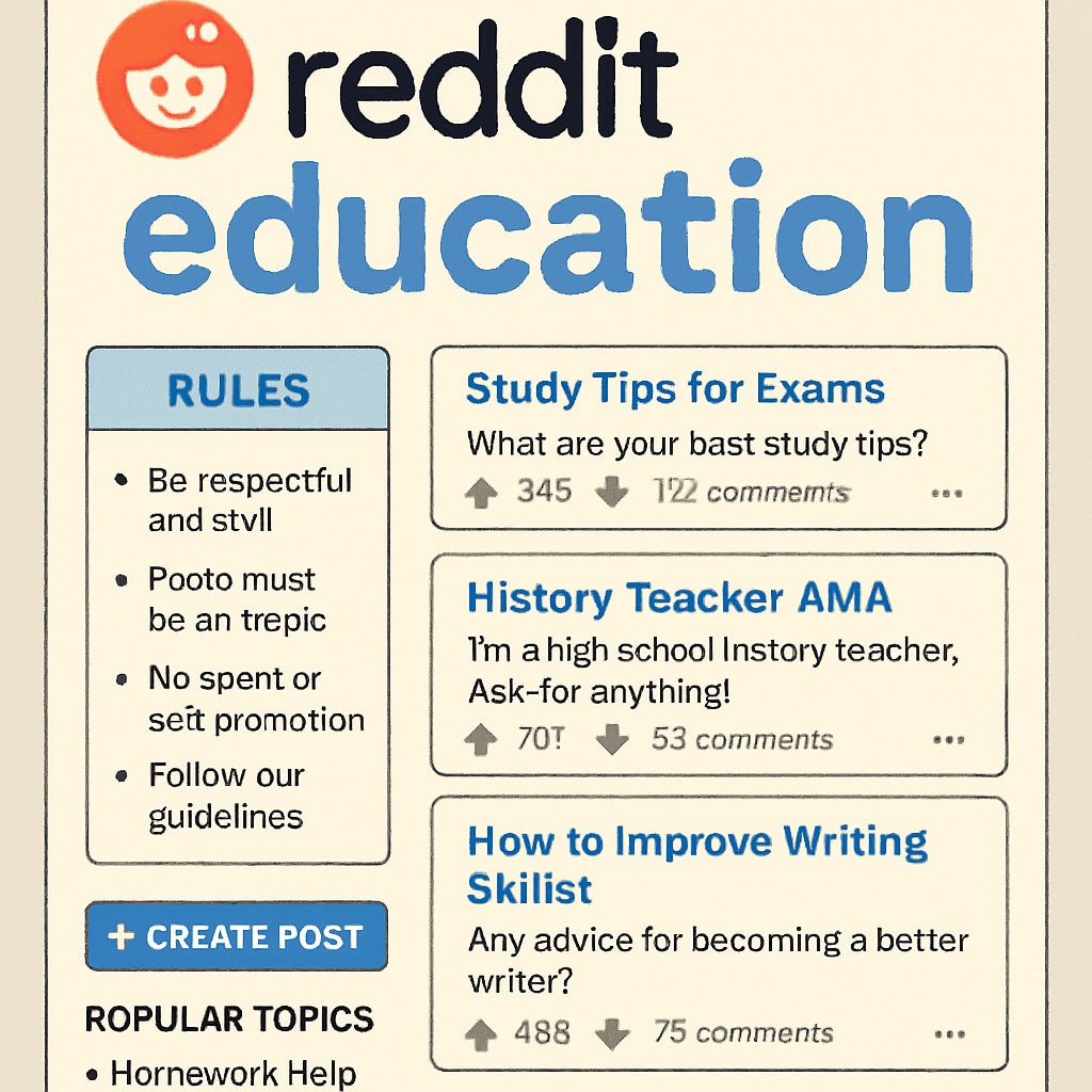 A screenshot of a popular Reddit education subreddit showcasing rules and active discussions. The image illustrates community guidelines and engagement. Reddit education subreddit rules and discussions.
