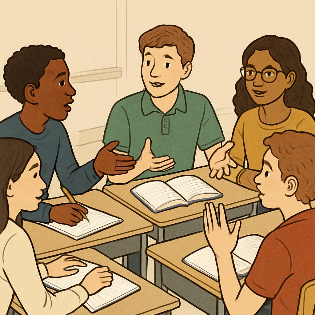 A group of diverse students engaged in a classroom discussion, representing inclusivity and critical thinking. Students discussing ideas related to education, personal growth, and critical thinking.