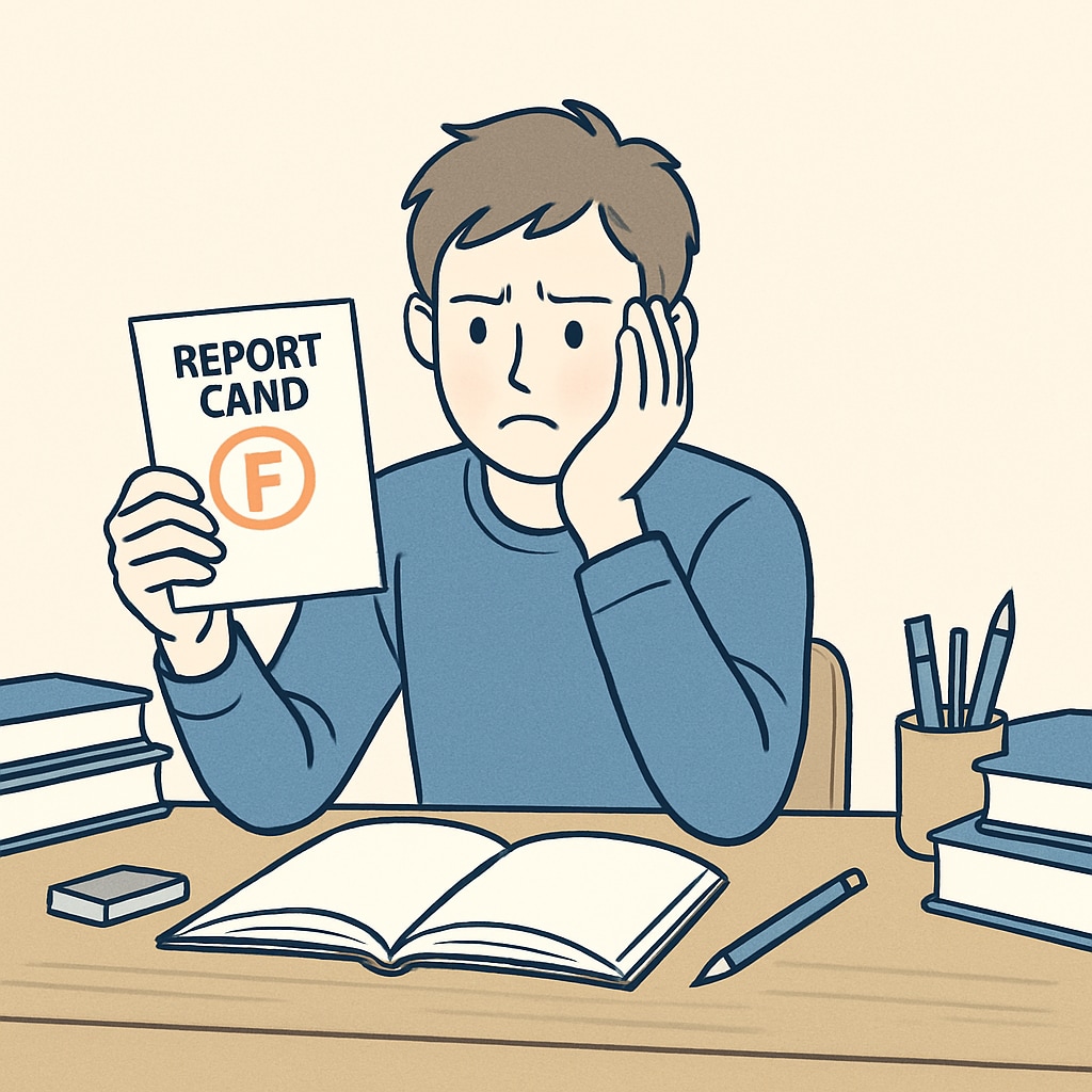 Frustrated student reviewing a report card, reflecting grade disputes and academic challenges.