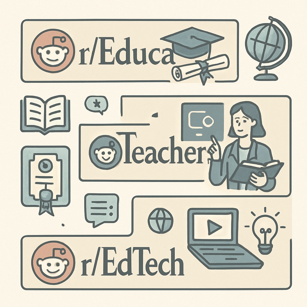 A collage of subreddit banners, including r/Education, r/Teachers, and r/EdTech. This visual represents the diversity of educational communities on Reddit. Banners of Reddit educational subreddits like r/Education and r/EdTech.