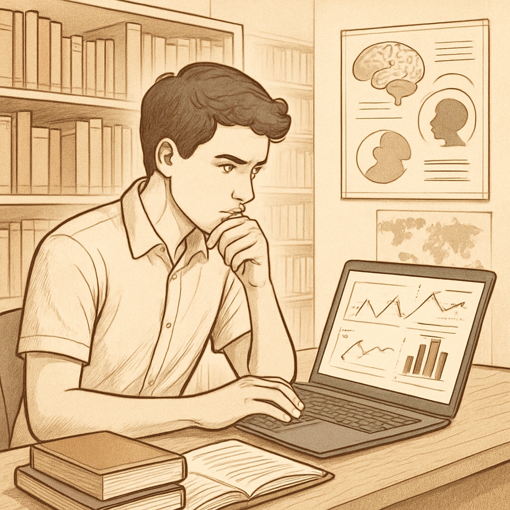 A student analyzing data on a laptop in a library, symbolizing the development of cognitive skills and self-awareness. A student working on critical thinking and personal growth tasks in an academic setting.