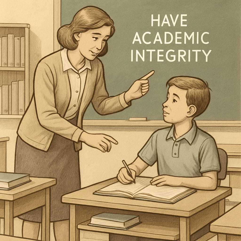 A teacher mentoring a student in a classroom, highlighting the importance of academic integrity. Teacher guiding a student in a classroom, emphasizing the value of honesty in education.