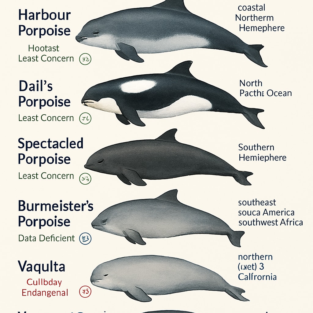 Diagram of porpoise species with habitat and traits for K12 science.