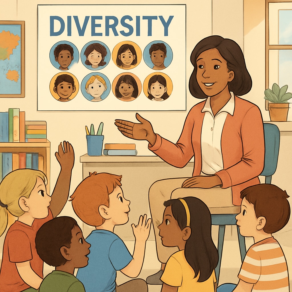 A group of first-grade students engaging in a classroom discussion about diversity. First-grade students discussing diversity with their teacher.