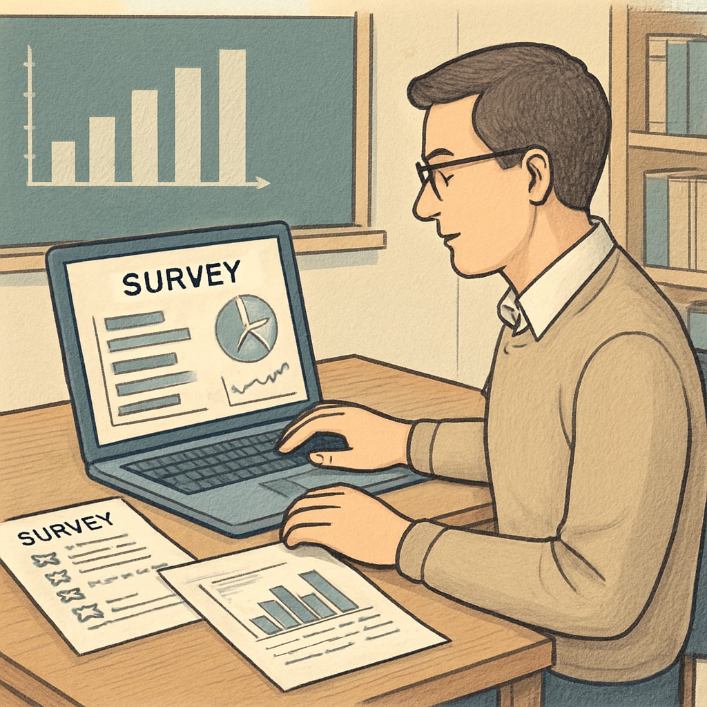 A teacher using a laptop to create or analyze survey data for educational research, emphasizing the practical application of surveys in K12 education. Teacher analyzing survey data for K12 education research