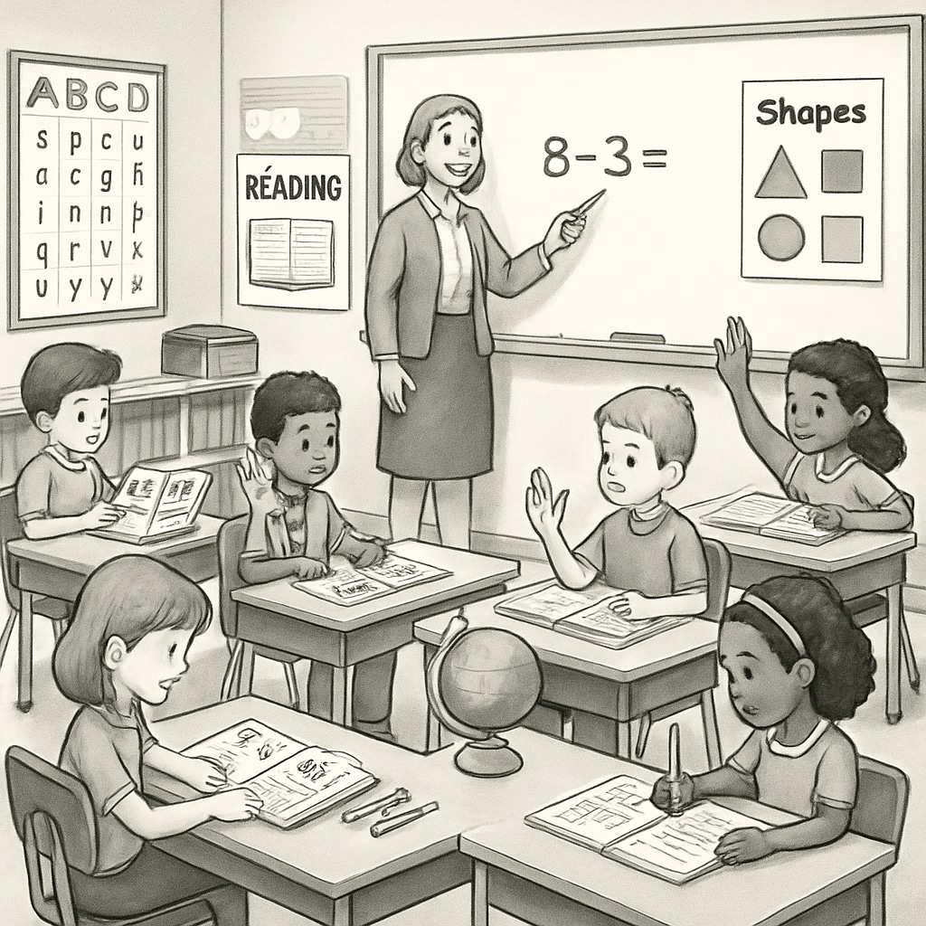 A classroom of first-grade students participating in an advanced enrichment program, emphasizing early academic preparation. First-grade students in a classroom focusing on advanced academic activities.