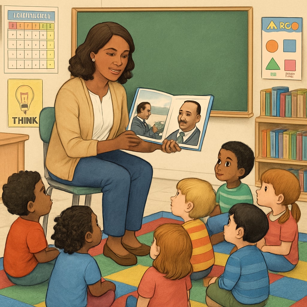 A teacher reading a story about Martin Luther King Jr. to a diverse group of first-grade children. Teacher reading about Martin Luther King Jr. to first-grade students.