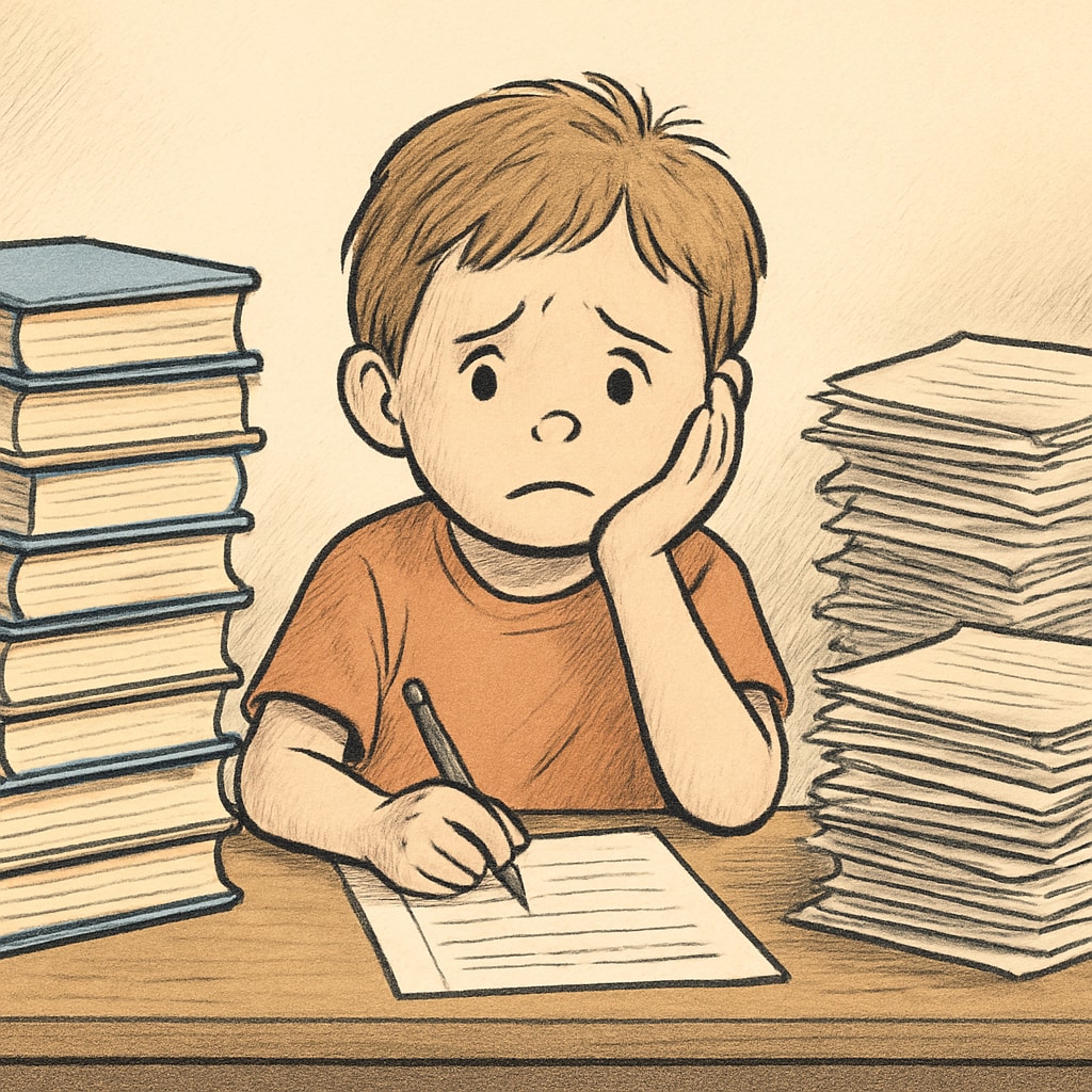 A young child sitting at a desk, overwhelmed by stacks of homework and books, symbolizing the pressure of early academic expectations. Overwhelmed first-grade student struggling with excessive homework.