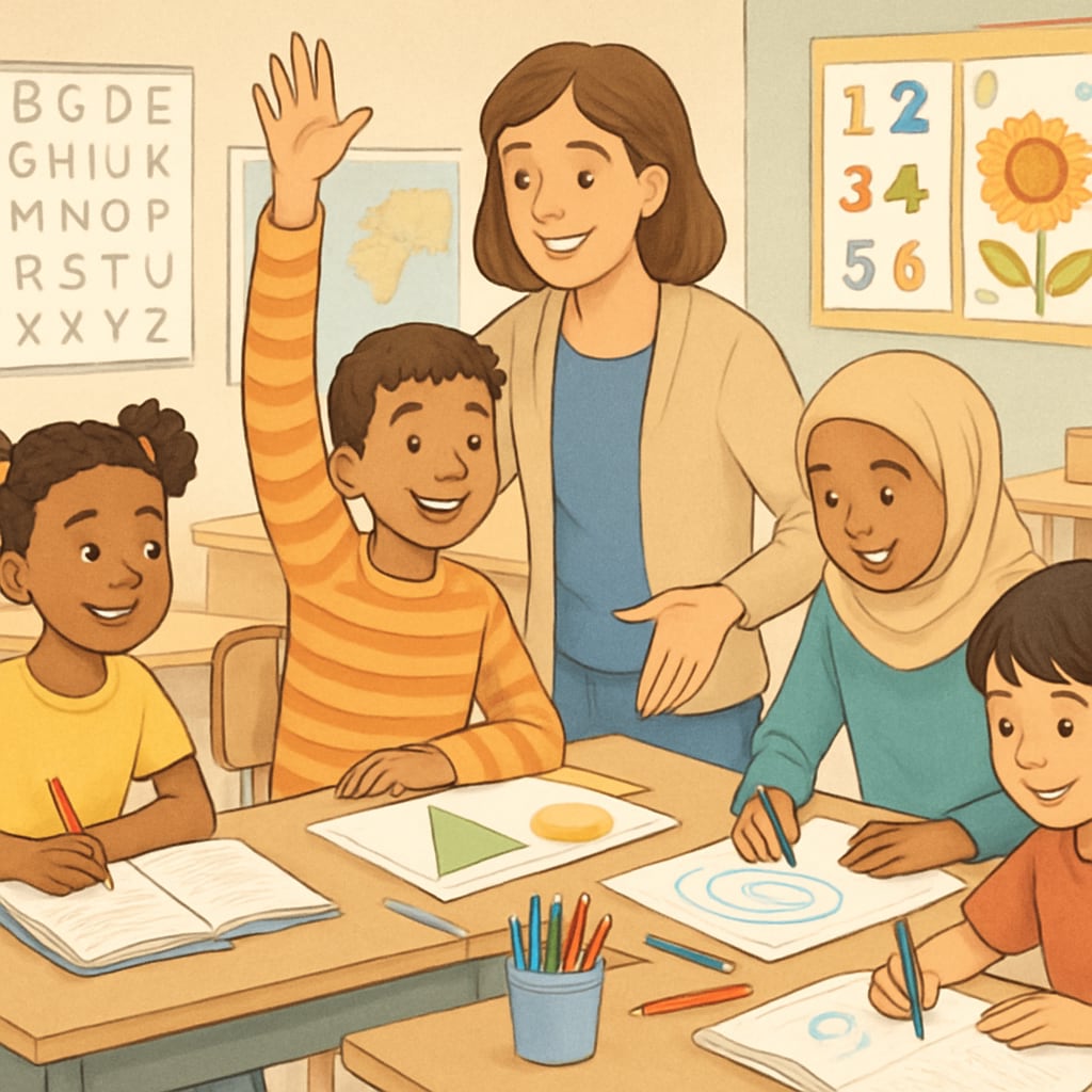 Children in a diverse classroom learning together, emphasizing global education and inclusion.