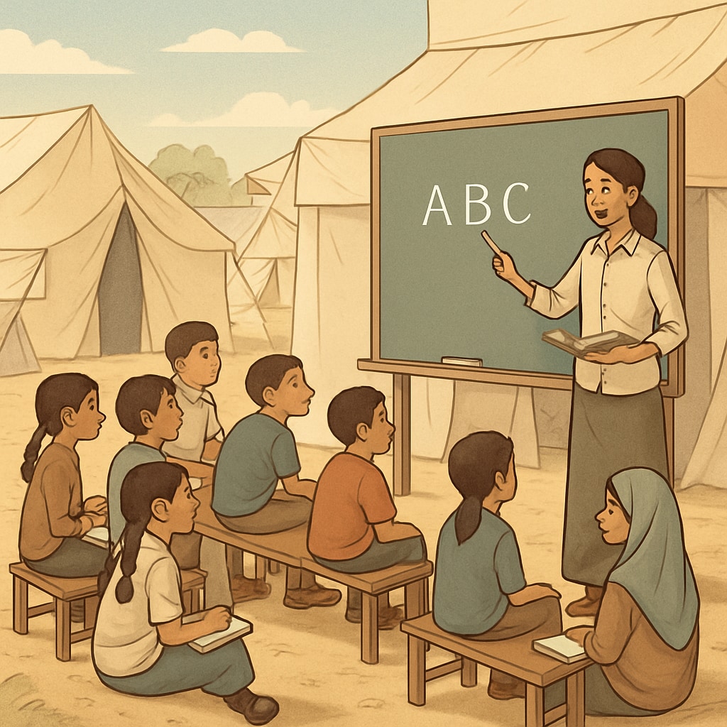 Refugee children in a temporary classroom, highlighting educational challenges in crisis zones.