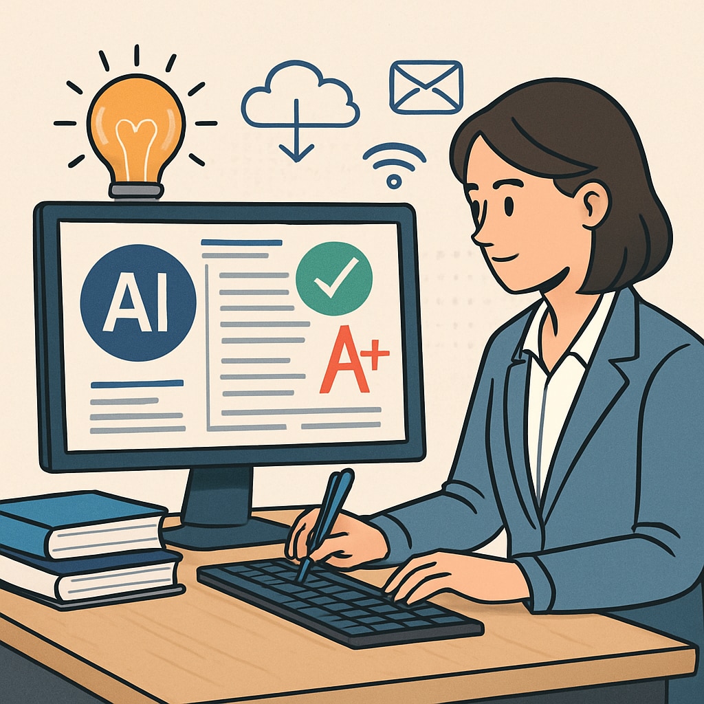 An illustration of a teacher using an AI-powered grading tool to evaluate student work, symbolizing education efficiency through technology. Teacher using an AI grading tool to reduce administrative workload in education.
