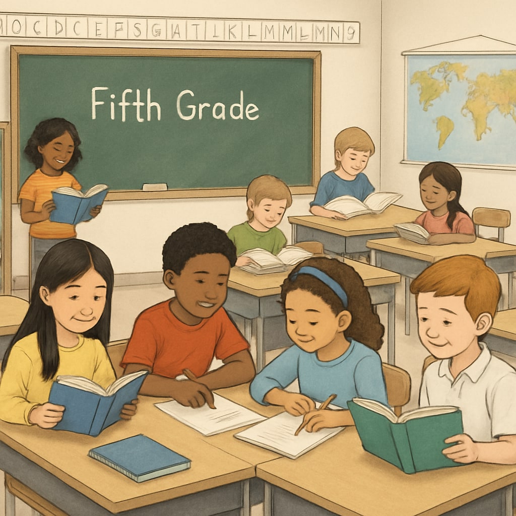 Fifth-grade classroom with students engaged in reading activities and collaboration.