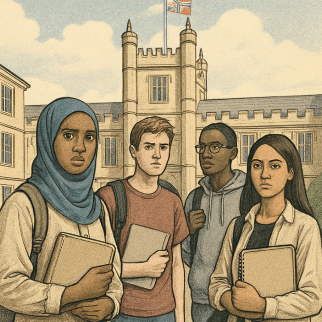 Students outside a UK university discussing challenges with international tuition and migrant status.