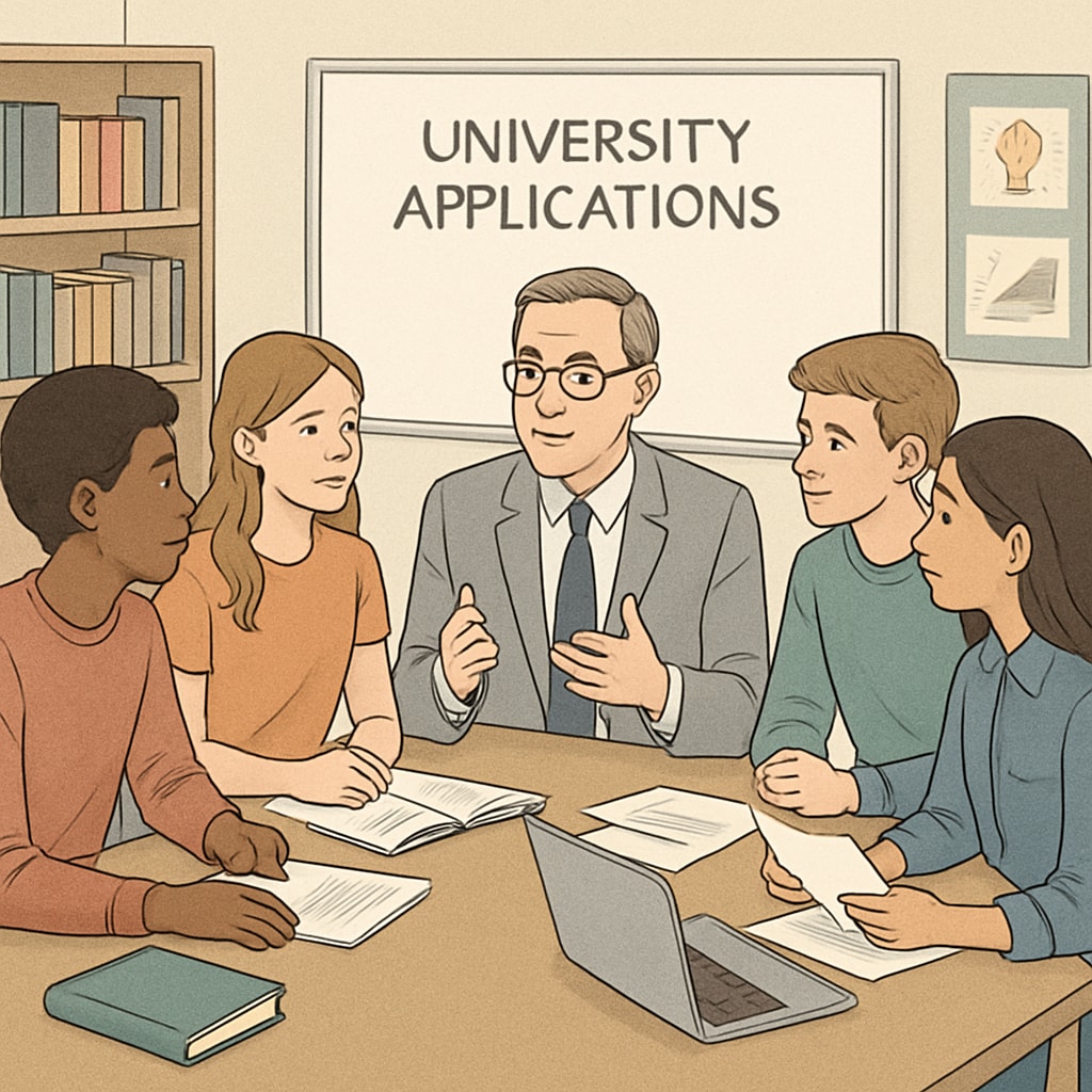Freshmen discussing university applications with a counselor