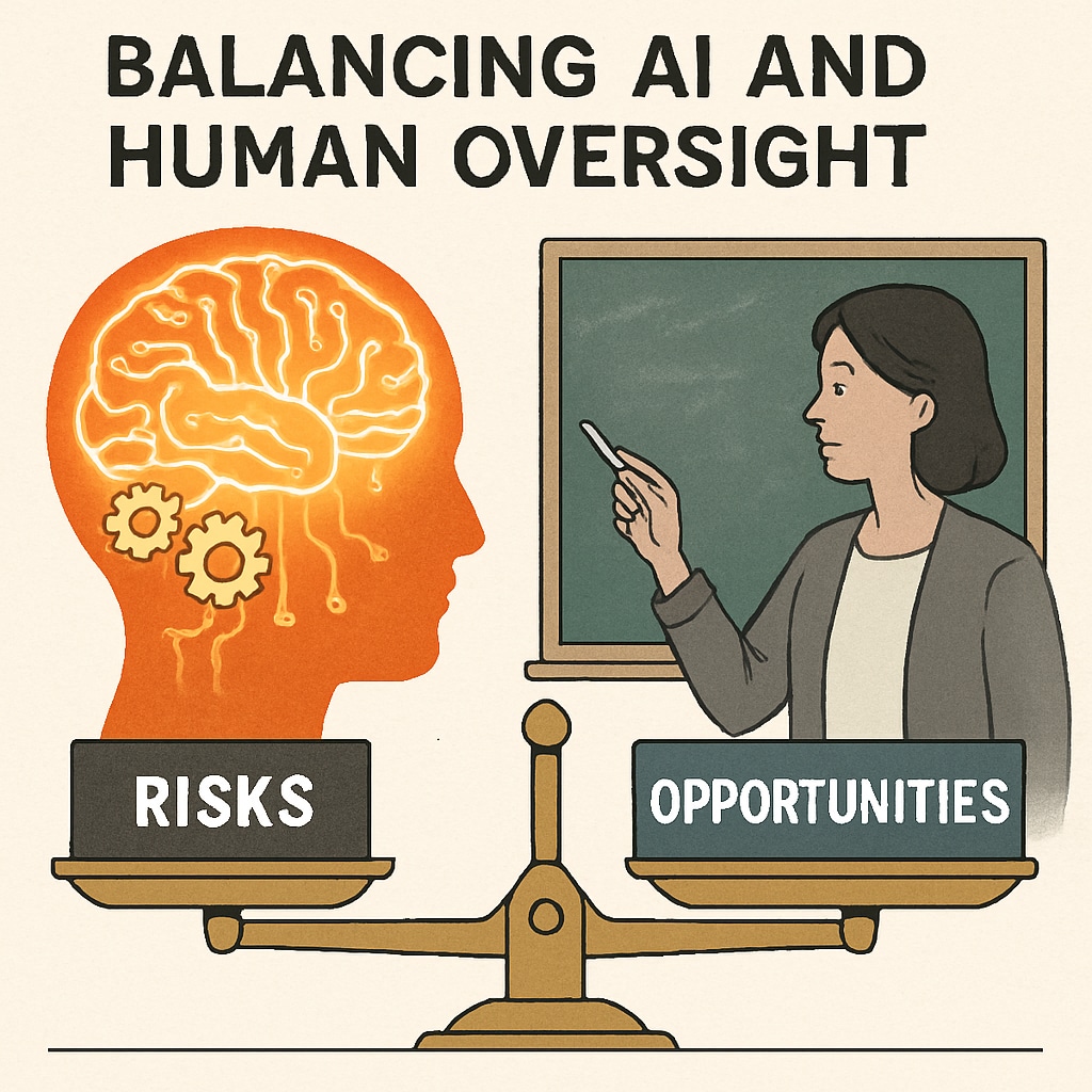 A conceptual graphic showing the balance between AI technology and human oversight in an educational setting, highlighting the risks and opportunities of AI adoption. Balancing AI technology and human oversight in education settings.