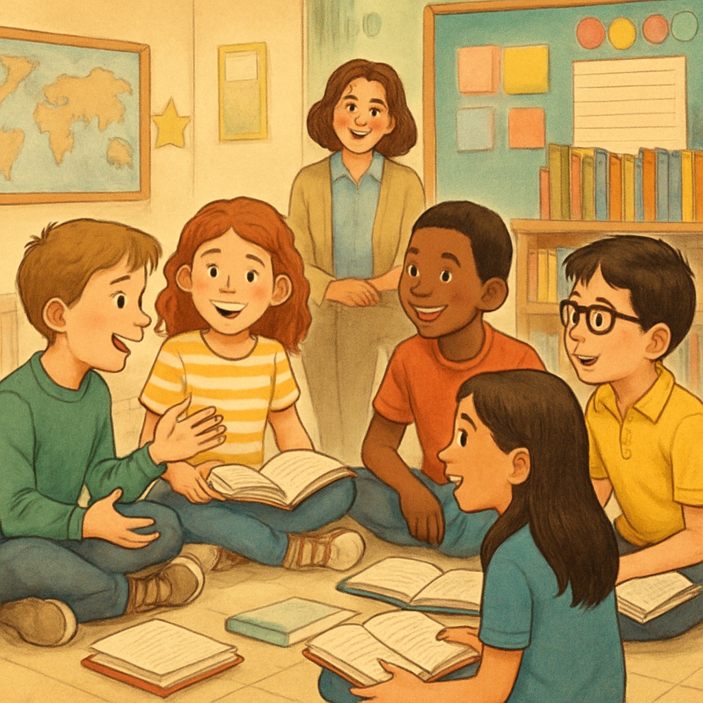 Fifth-grade students in a literature circle discussing a book collaboratively.