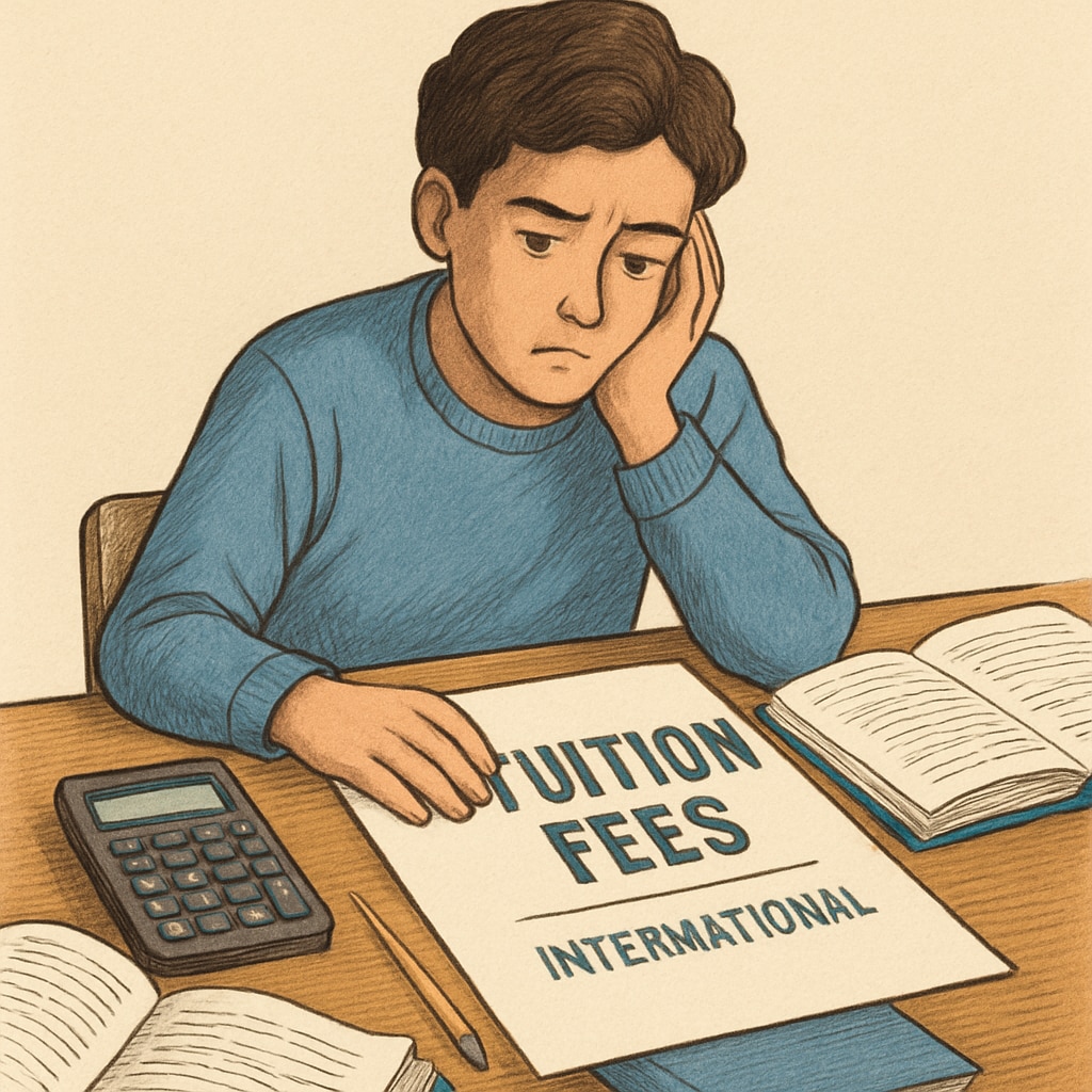 Migrant student calculating tuition fees and financial challenges in the UK.