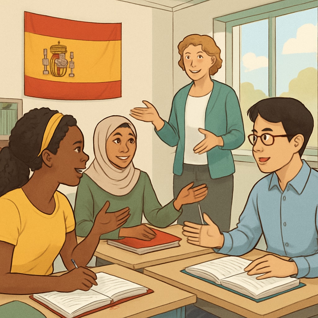 International students discussing in a Spanish classroom, representing cultural adaptation.