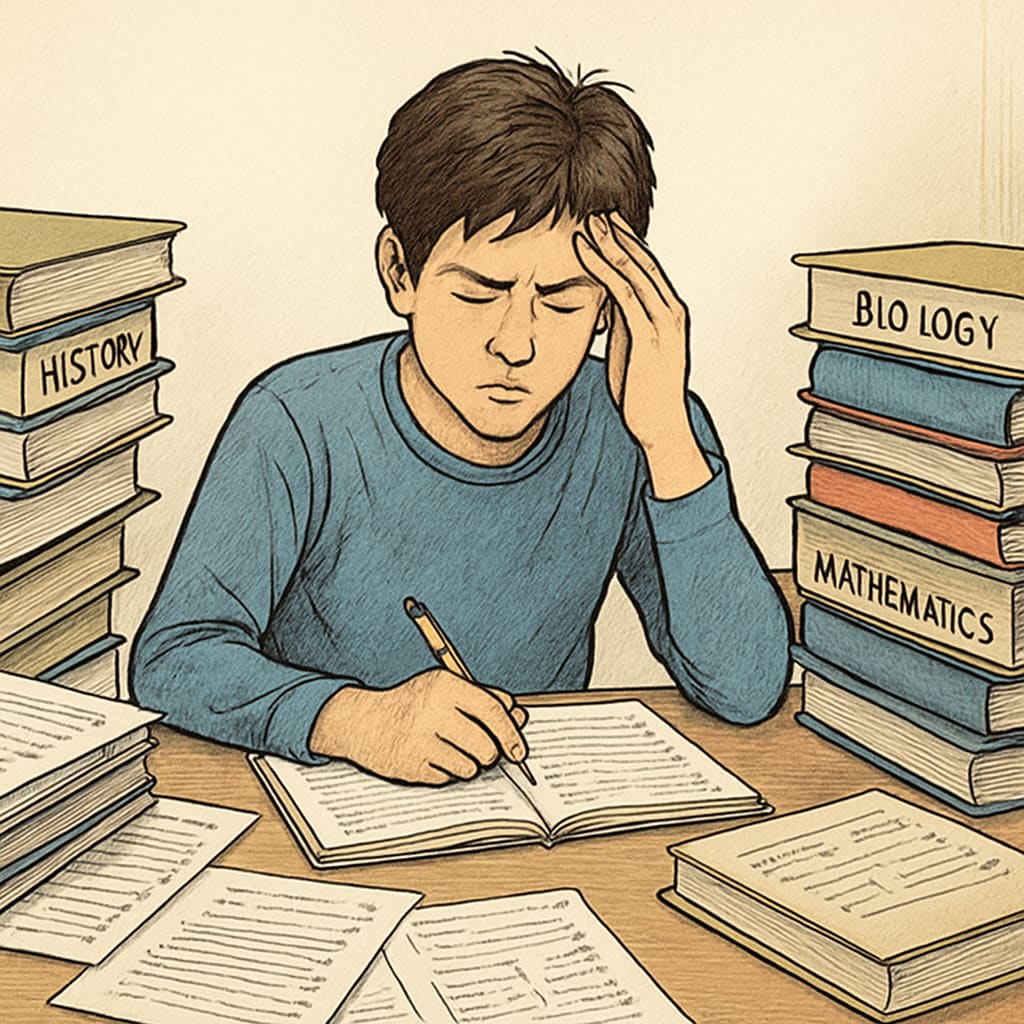 Stressed high school student balancing academic demands and career planning.