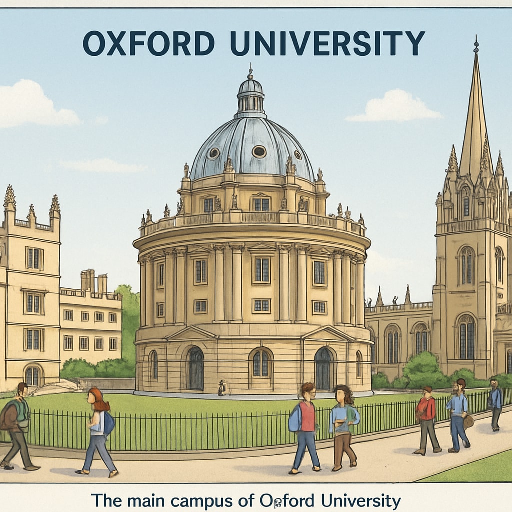 A photograph of Oxford University's main campus, representing aspirations for higher education. Oxford University campus image highlighting educational aspirations and immigrant challenges.