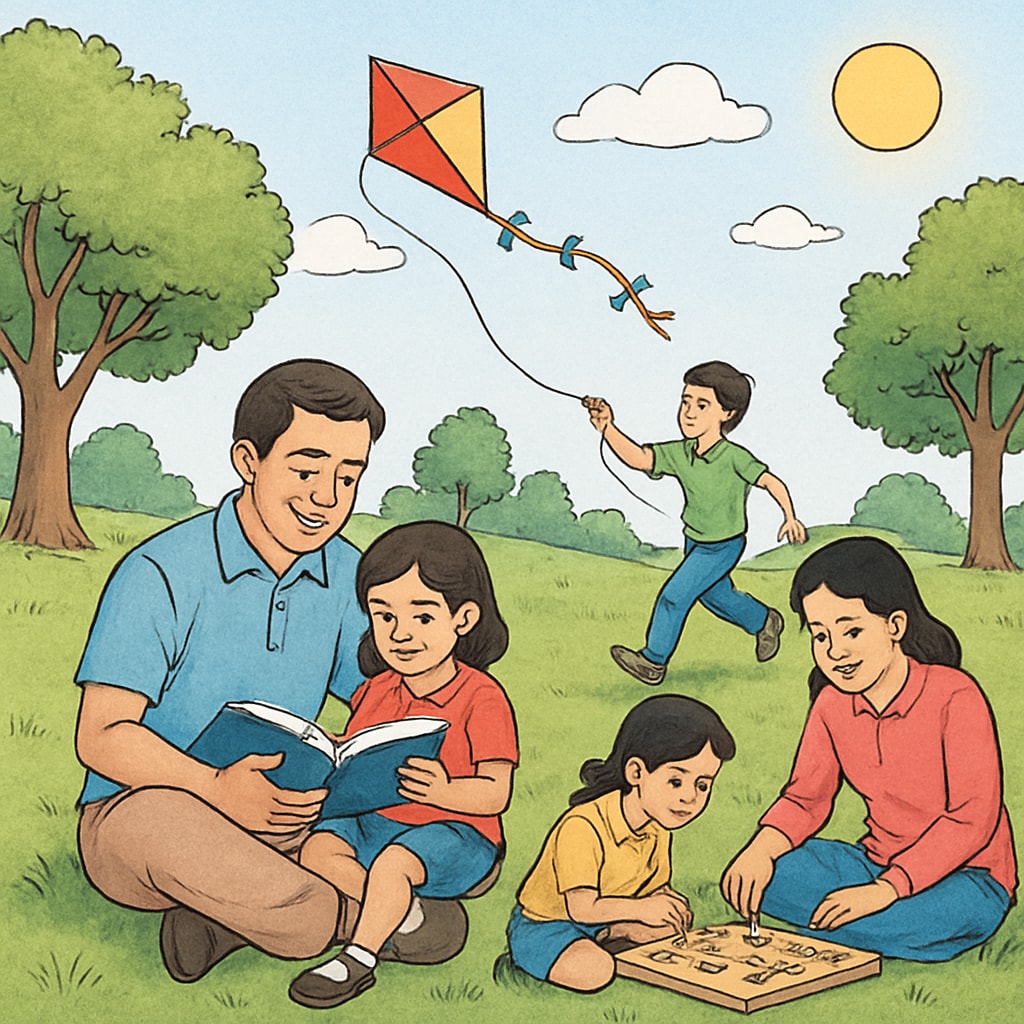 A family enjoying outdoor activities, promoting balance between online and offline life for children.