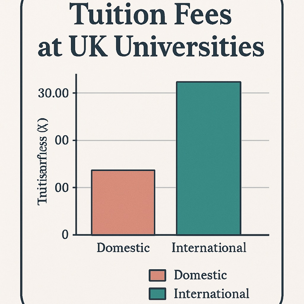 A graph comparing domestic and international tuition fees in UK universities, illustrating financial disparities. Graph showing tuition fee differences between domestic and international students in the UK.