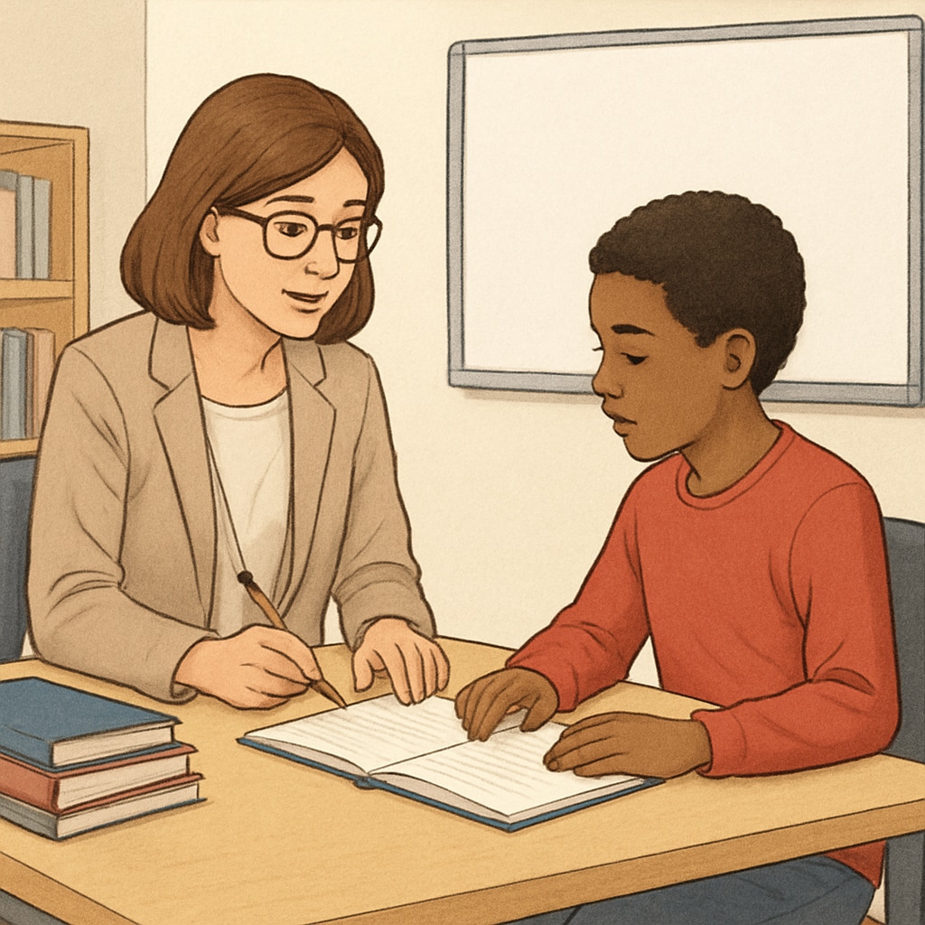 Specialist helping a student with behavioral intervention in a quiet space.