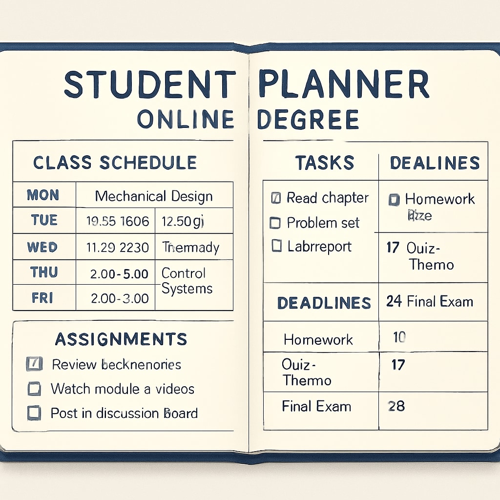 A planner showing schedules for mechanical engineering and online courses.