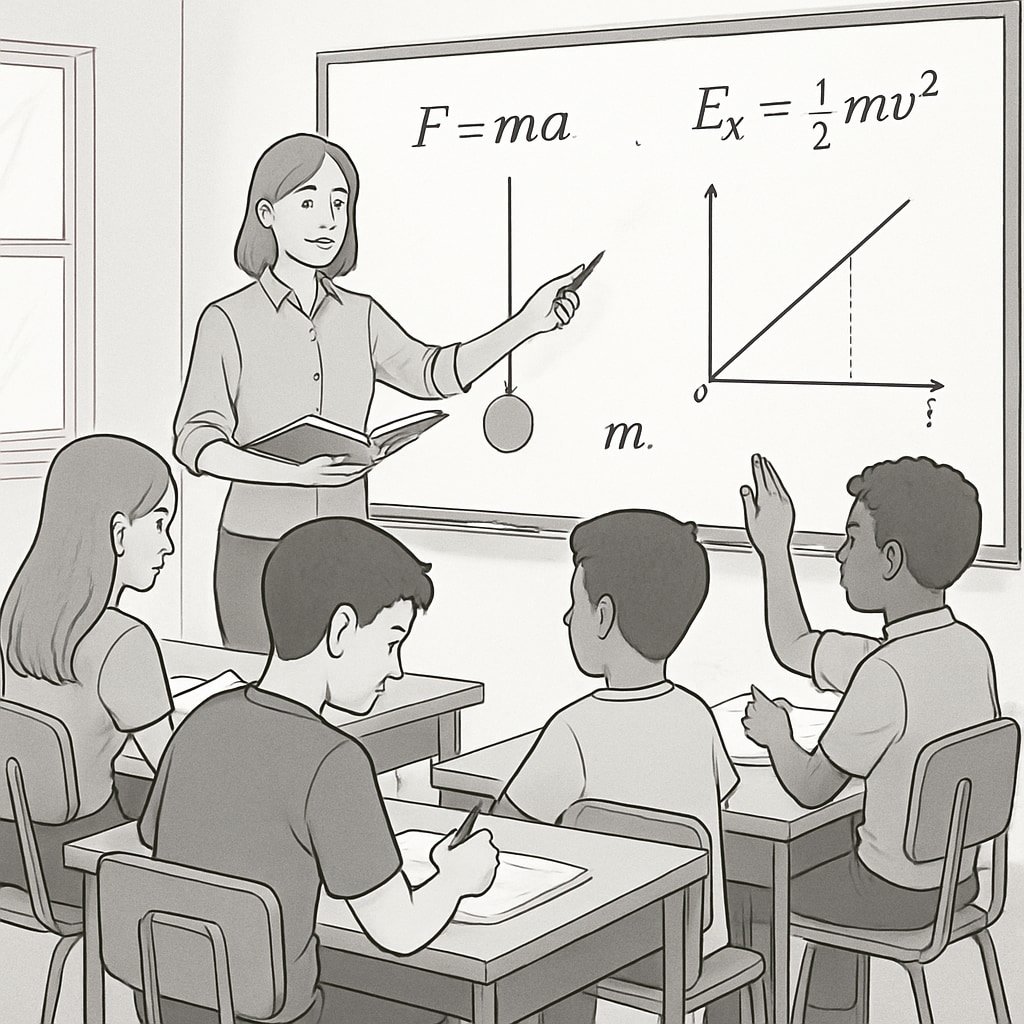 Students in AP Physics C classroom as teacher explains concepts on a whiteboard.