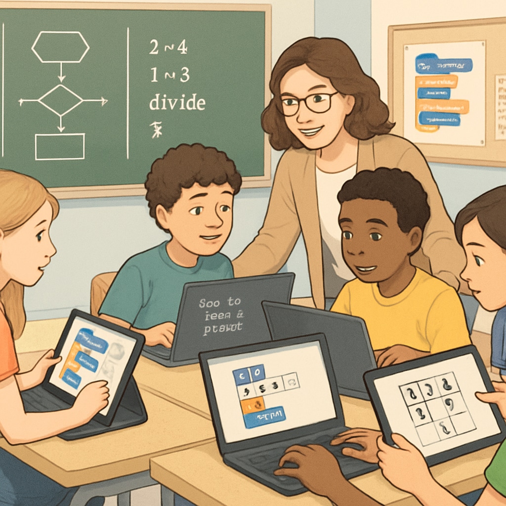 Students learning coding and problem-solving skills in a technology-enabled classroom