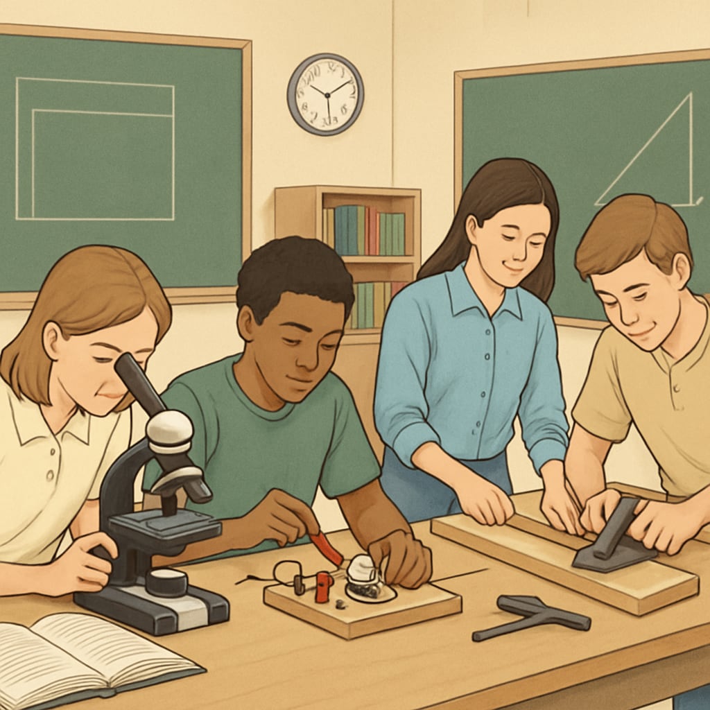 A group of students in a classroom setting, learning practical skills. Students learning practical skills in a classroom, addressing the education-job market gap.