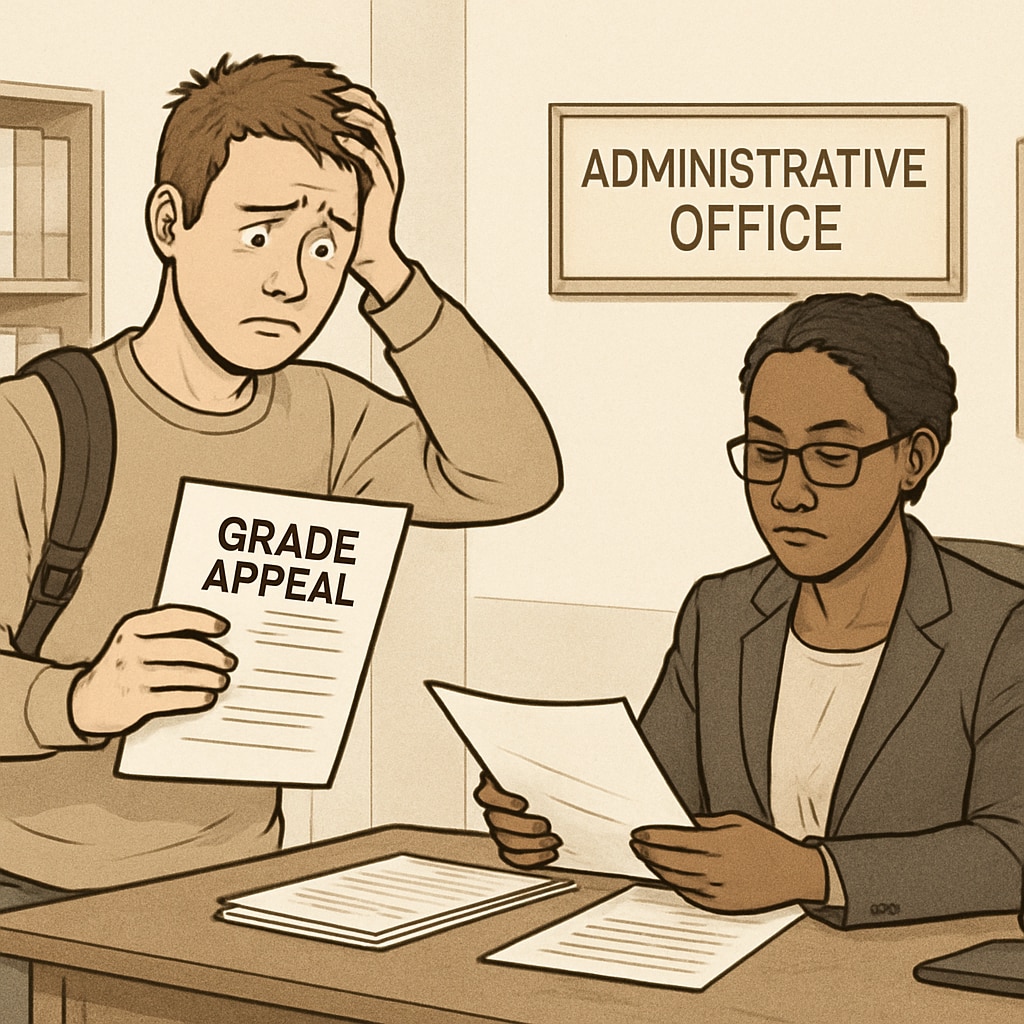 A student submitting grade appeal paperwork in an administrative office.