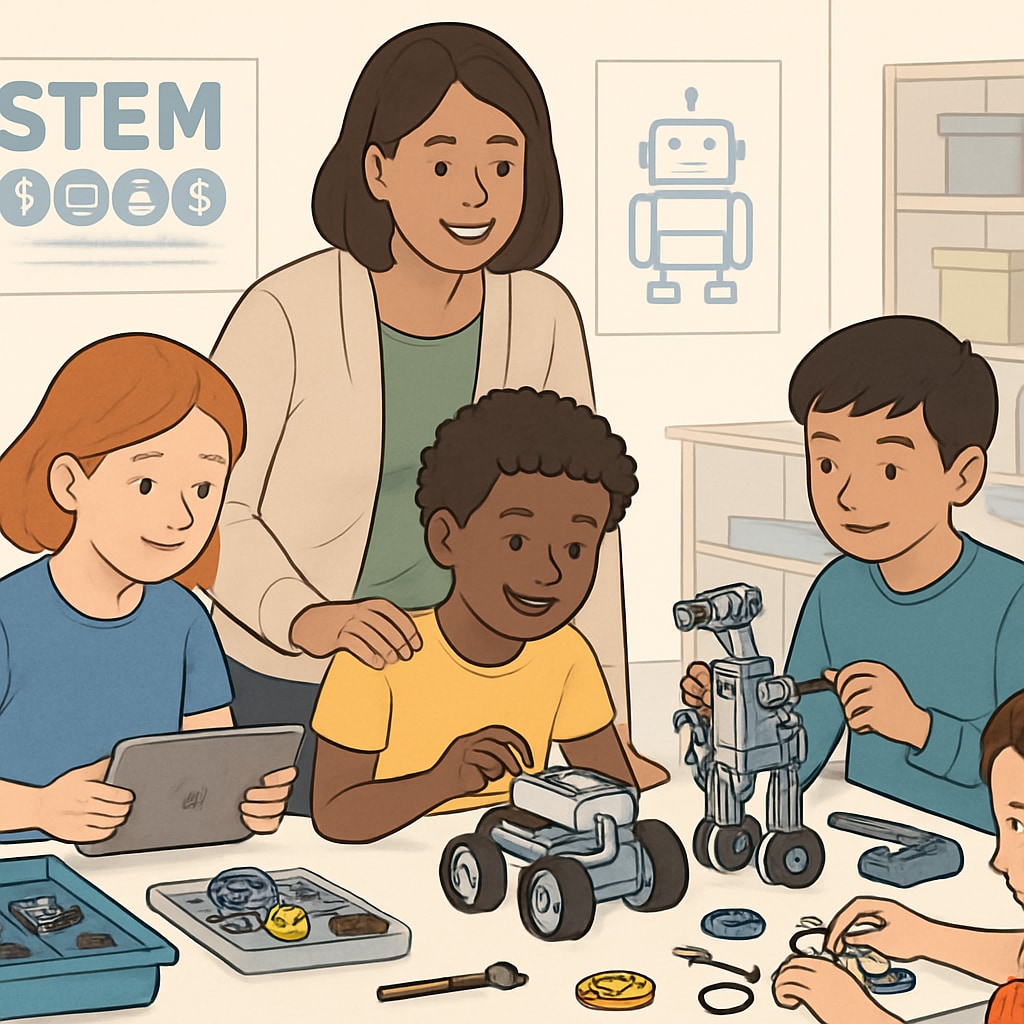 Teacher and students working on robotics projects in a STEM-based classroom
