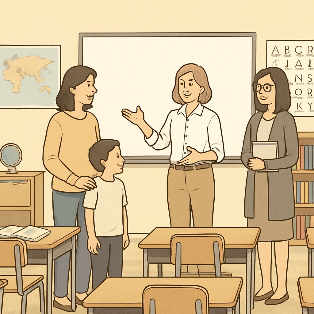 A parent and child exploring a classroom during a school tour with teachers providing explanations. Parents evaluating a public elementary school during a tour.