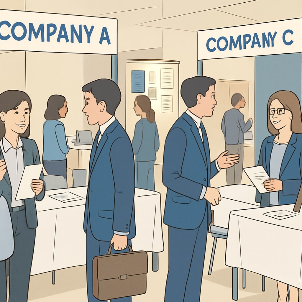 A job fair with various companies interacting with recent graduates. Job fair scene, showcasing the interaction between companies and recent graduates.