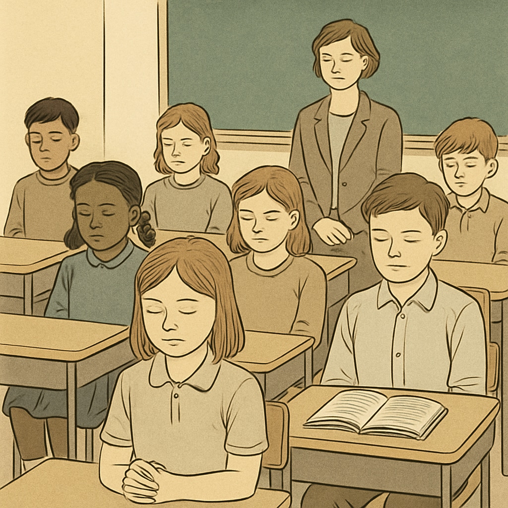 Students in a classroom observing a moment of silence for global and Gaza remembrance.