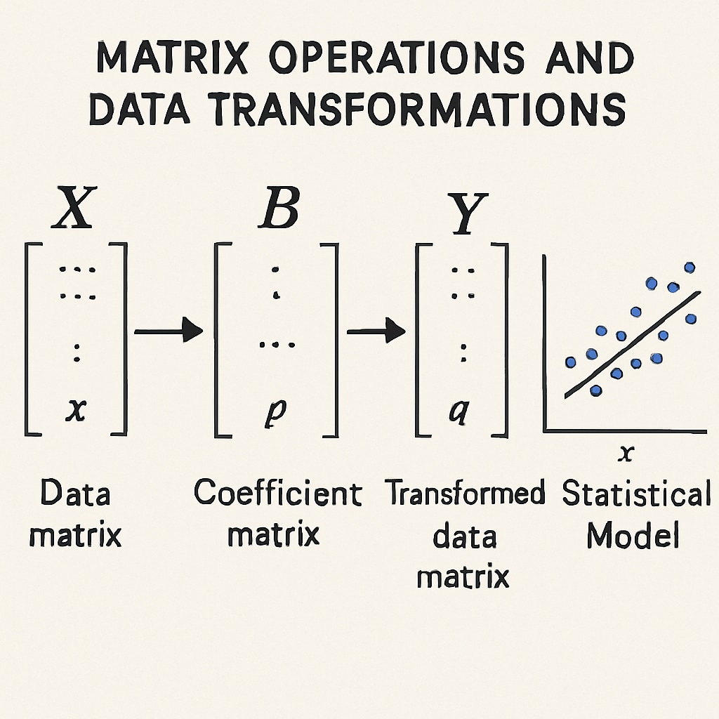 A visual representation of matrix operations and data transformations, highlighting their role in statistical modeling. Matrix operations and data transformations visual for Linear Algebra.