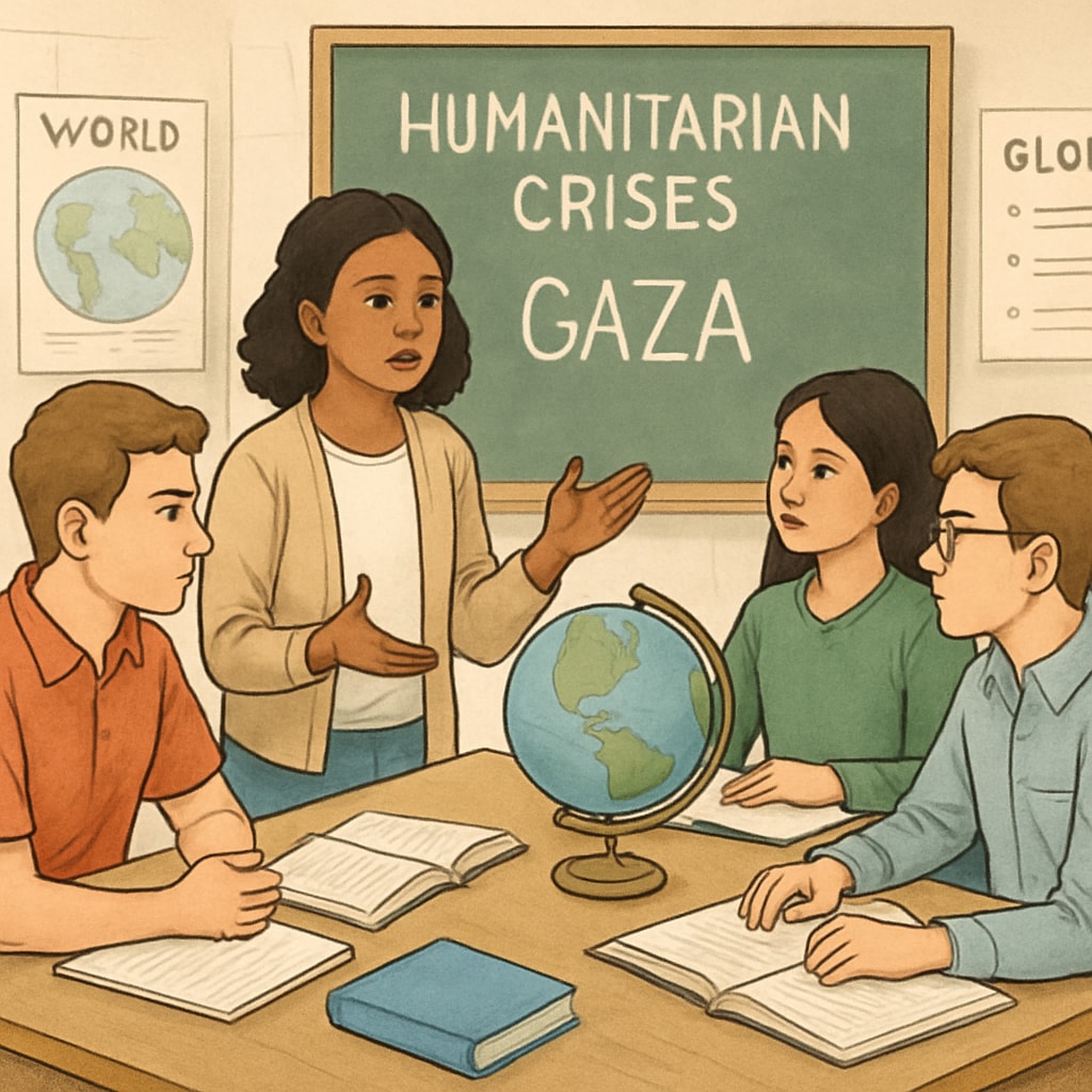 Students discussing humanitarian crises like Gaza in an educational setting.