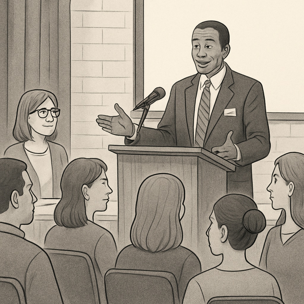 School board member speaking at a community forum about educational policies