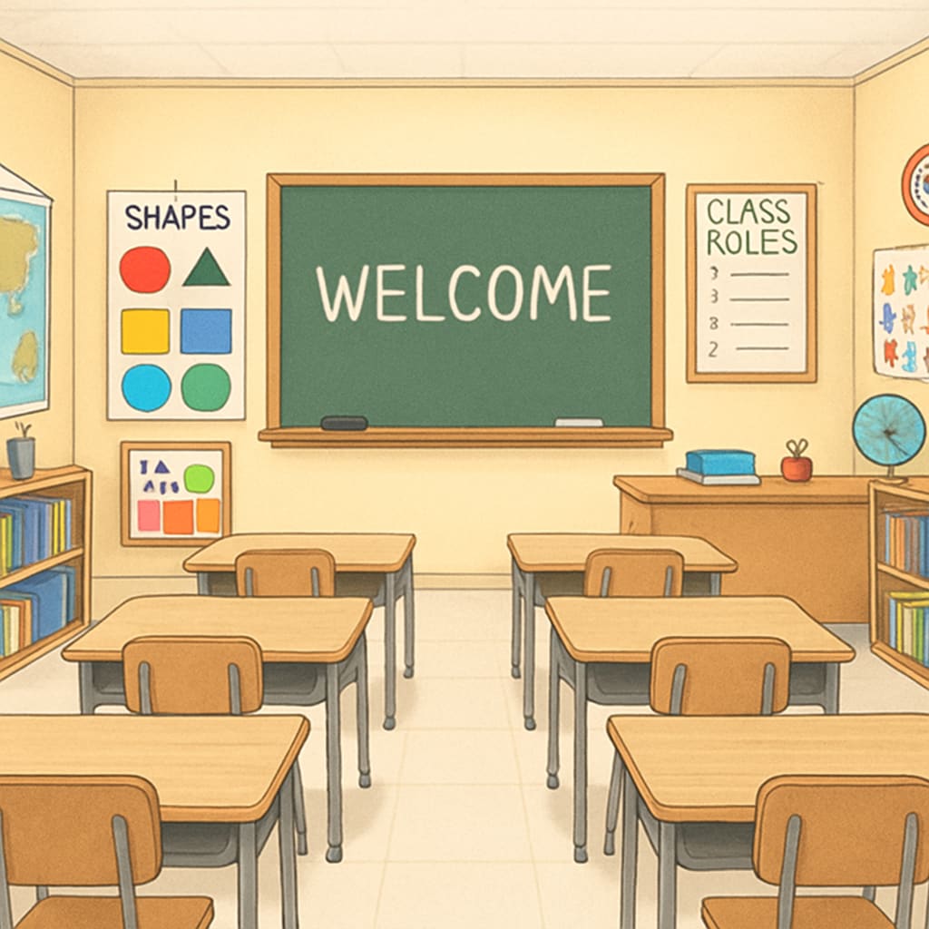 A well-maintained elementary school classroom with engaging learning materials and student-friendly seating arrangements. Public school classroom showcasing quality learning environment