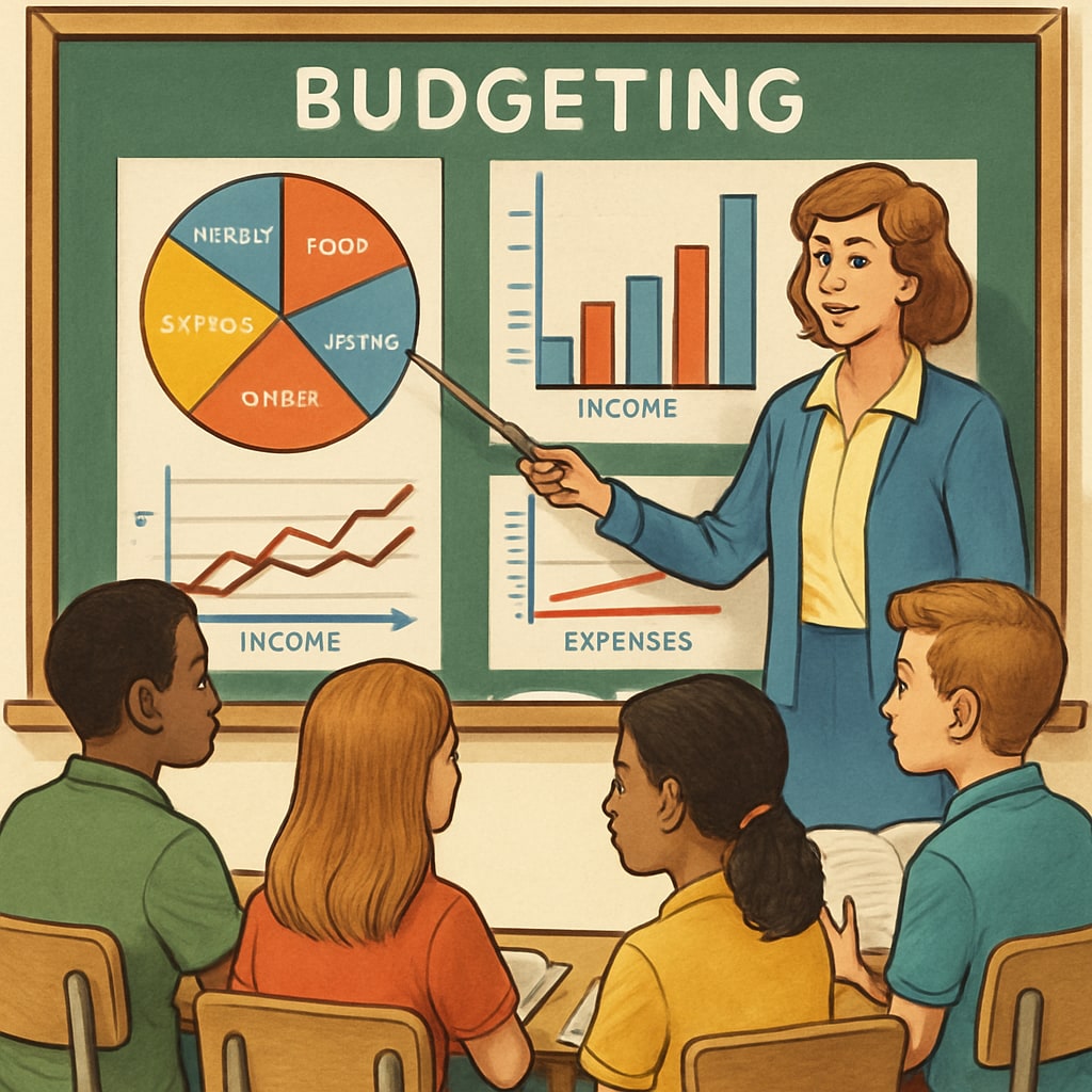 An image showing students in a classroom learning about budgeting, with charts and graphs visible on the board. Financial education classroom session with charts and graphs