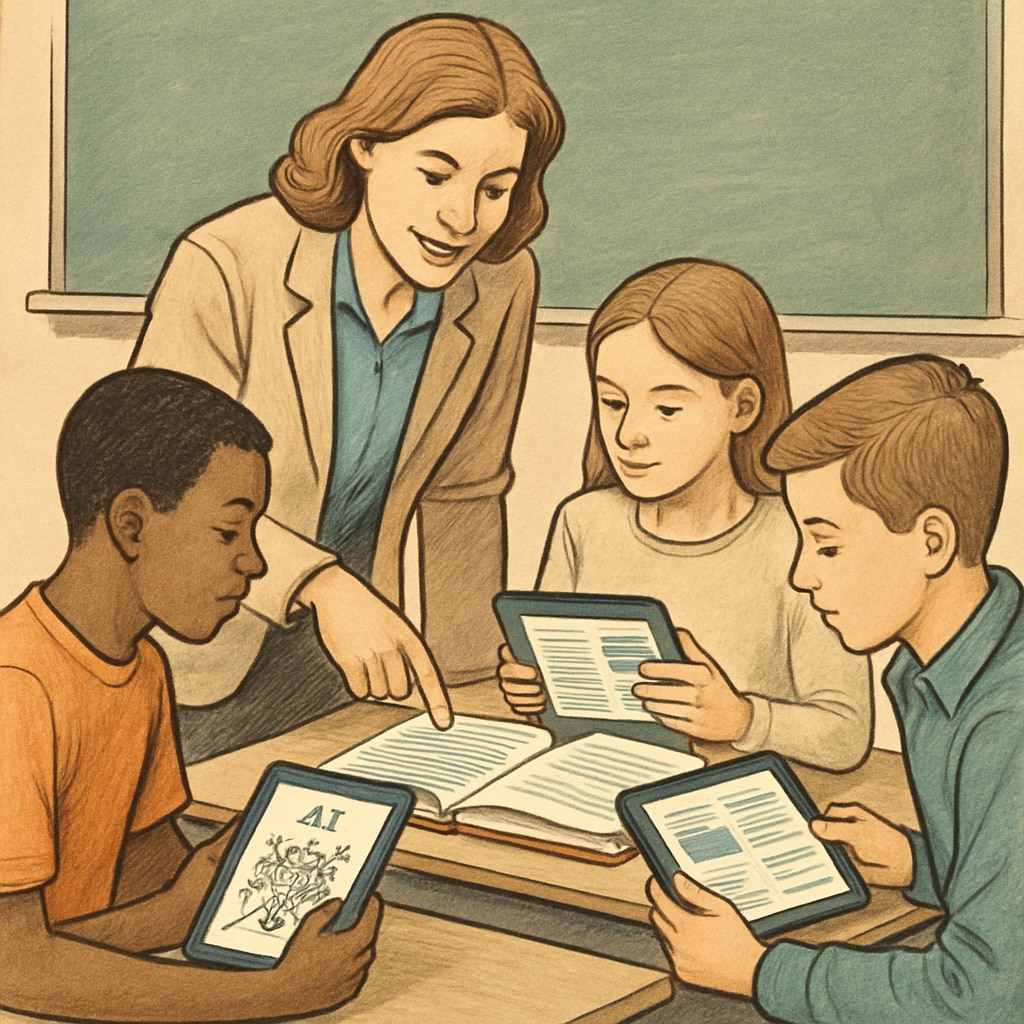 Teacher helping students evaluate AI-generated content against traditional educational materials.