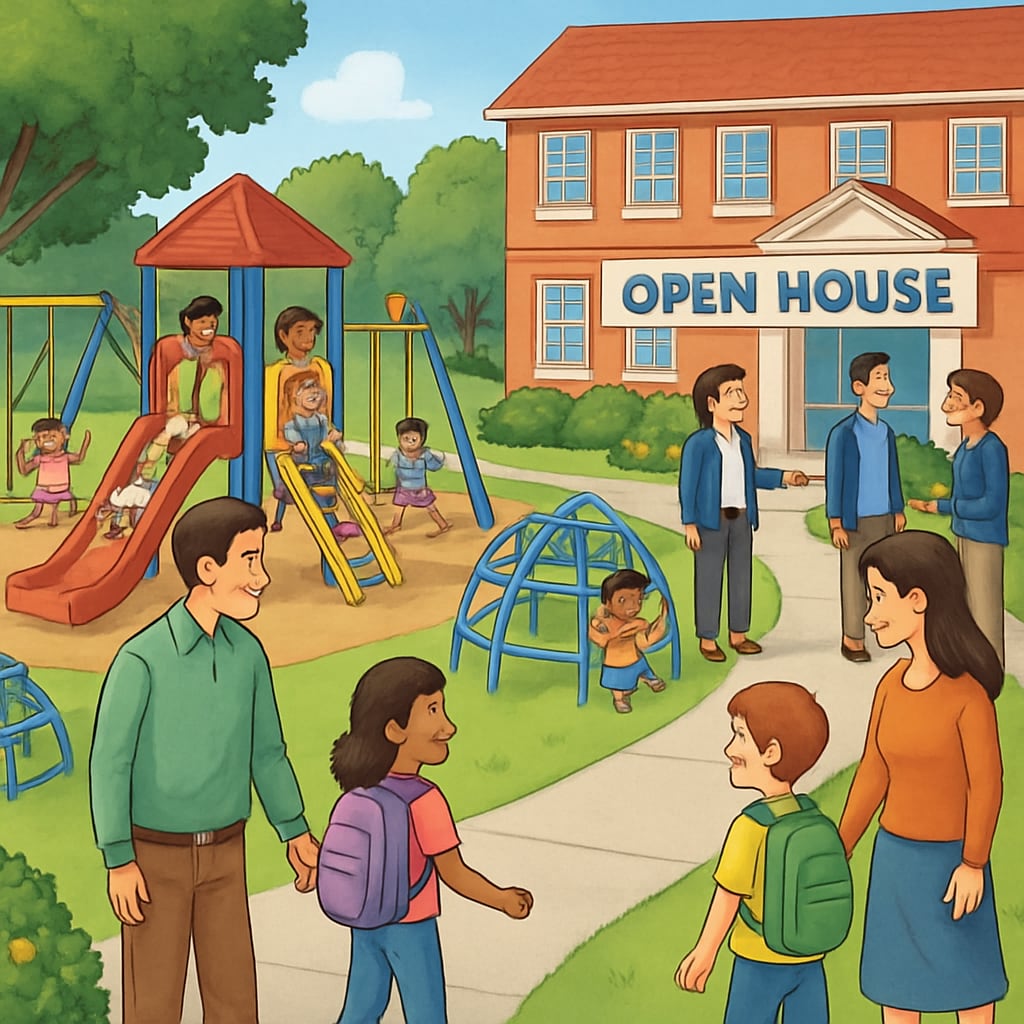 Parents and children exploring a school campus, including playgrounds and colorful wall art, during an open house event. Parents evaluating public school facilities during an open house