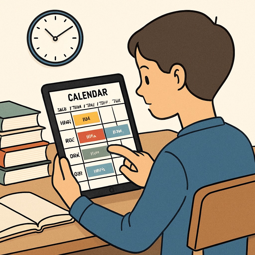A photo of a student planning their day using a calendar app on a tablet, surrounded by books and a clock on the desk. Time management tools used by students