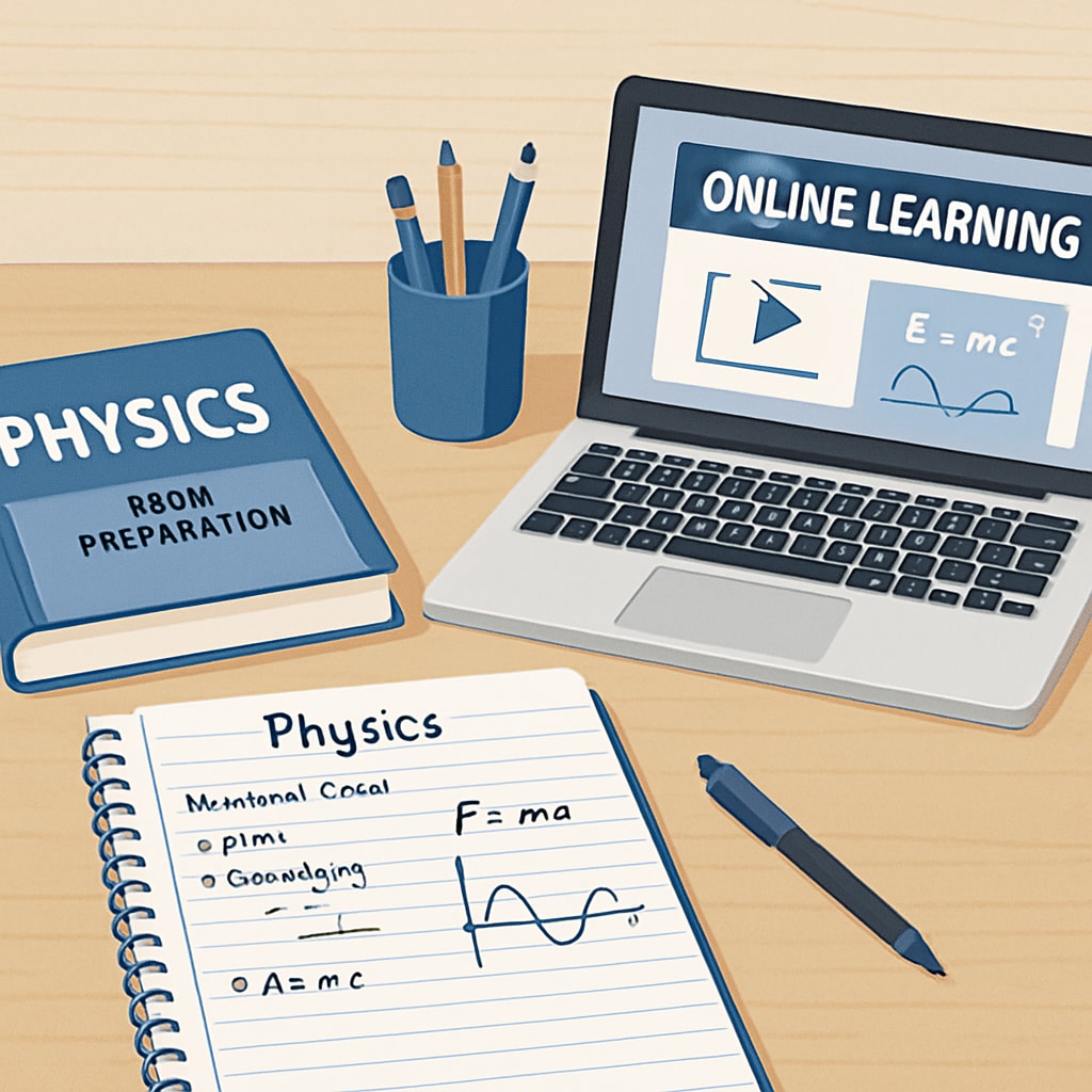 Organized desk for physics exam preparation with textbooks and online tools.