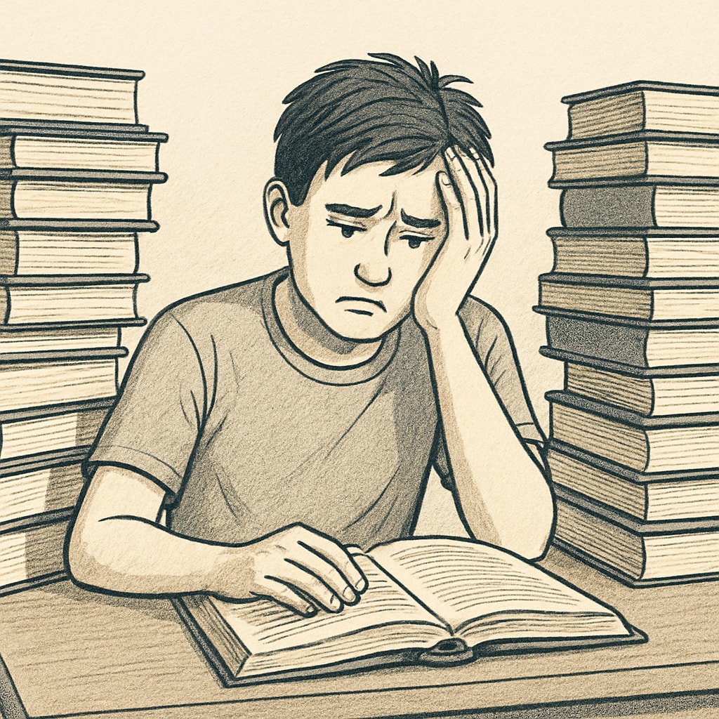 A stressed student surrounded by books, illustrating the pressure of being labeled a genius.