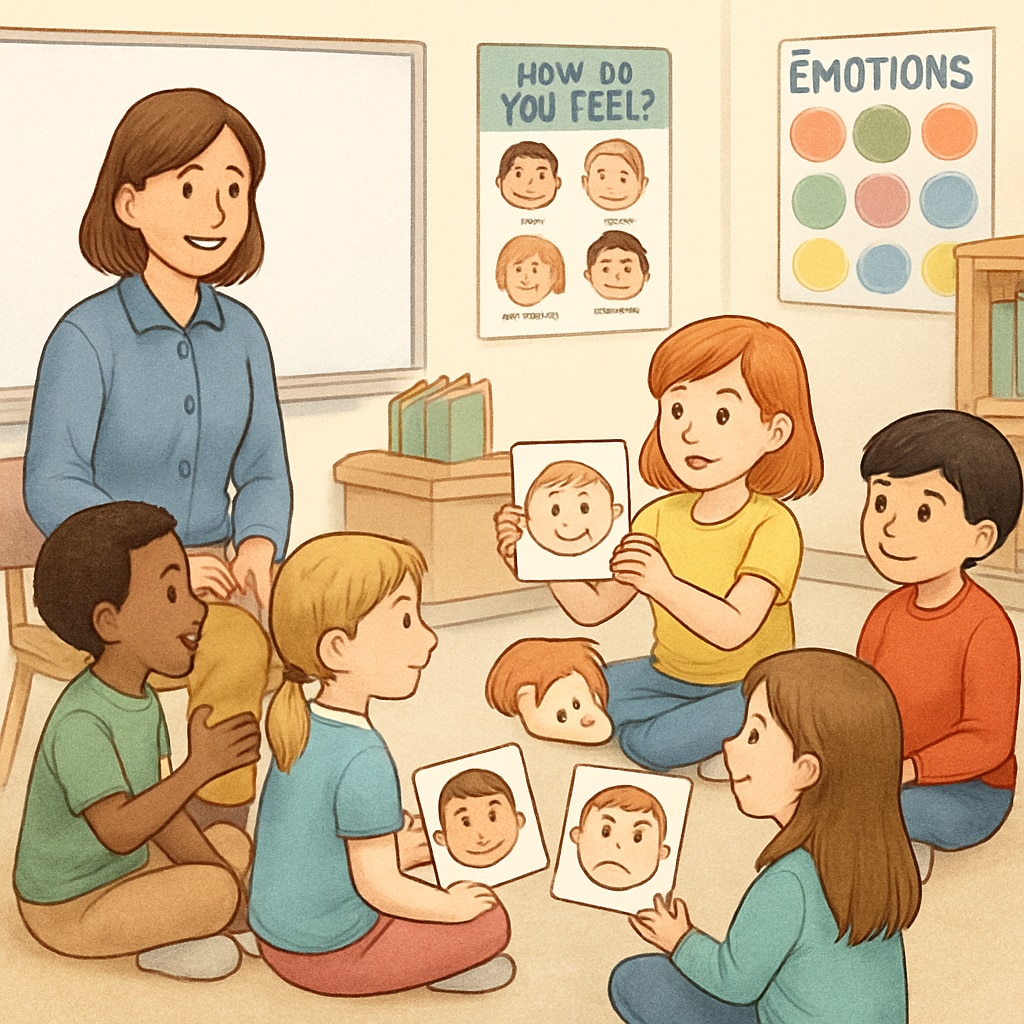 Children participating in an emotional education session in a classroom setting, focusing on emotional development.